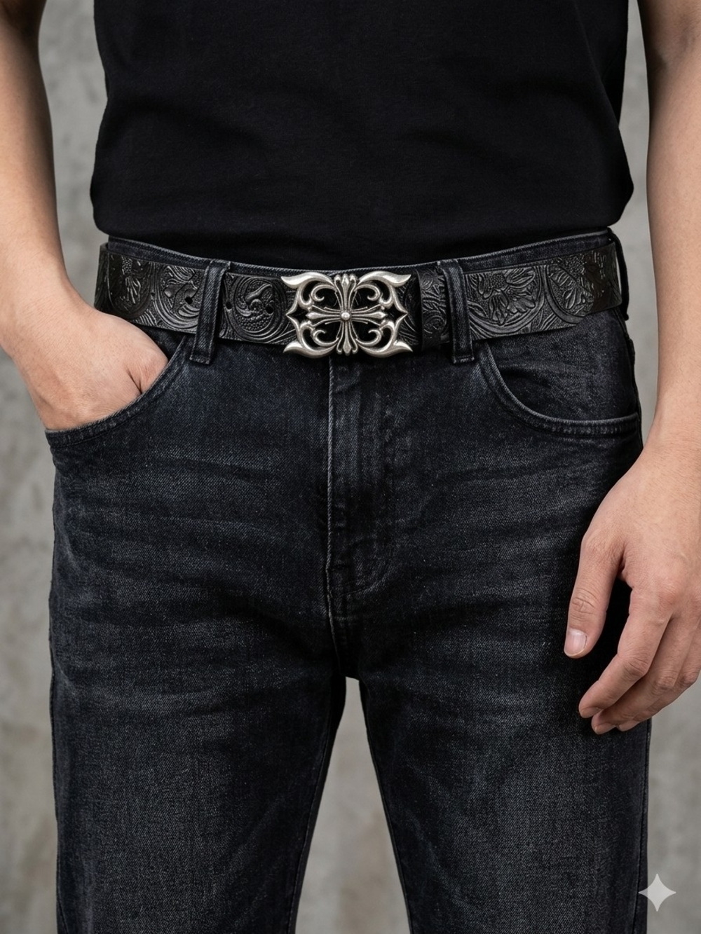 Gothic Silver Buckle Black Faux Leather Textured Belt Adjustable 47 Inches - Picture 2 of 6